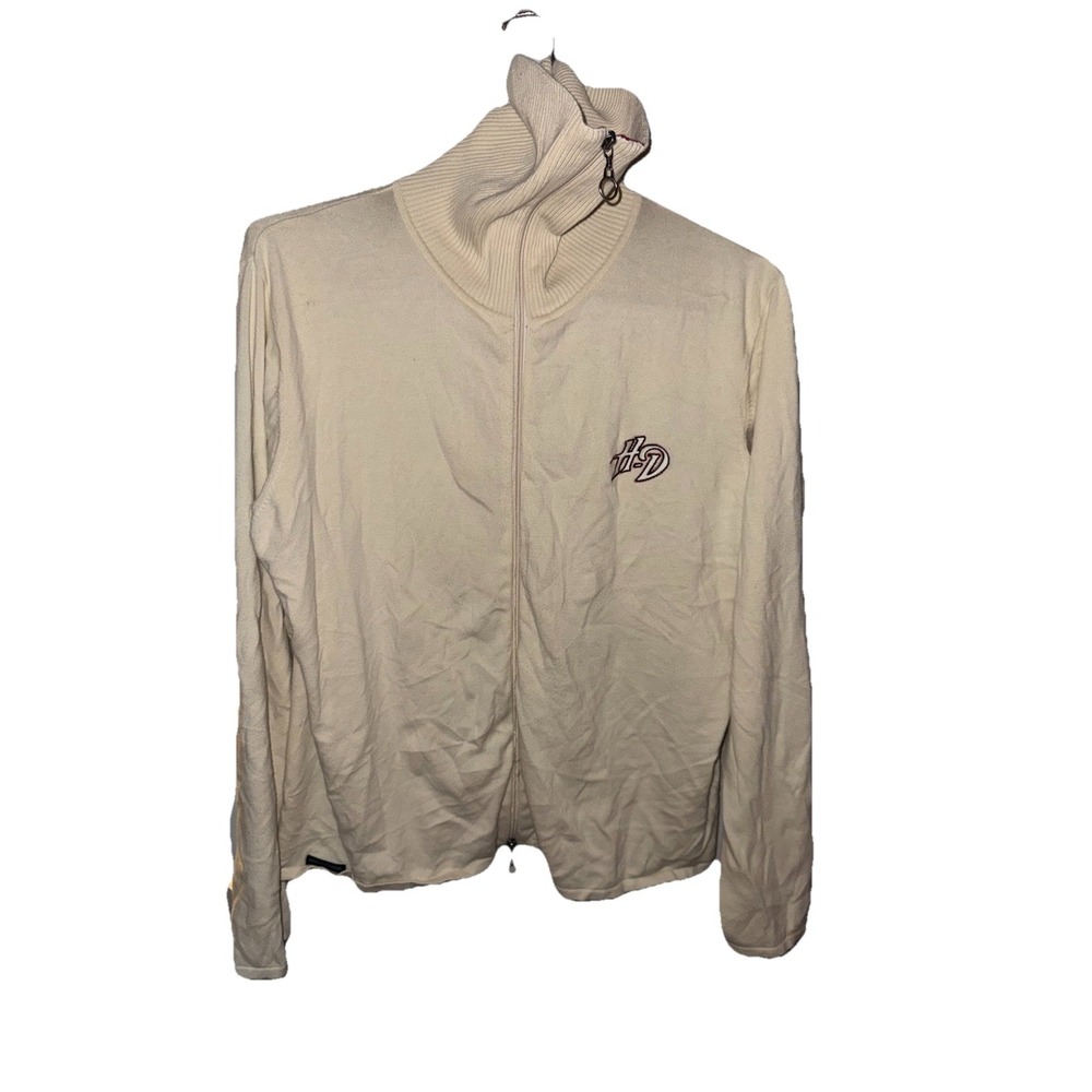 Vintage Y2K Harley Davidson Women's Knit Zip Up Sweater Cream Beige Logo 2XL